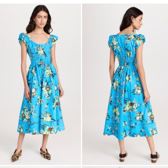 Tory Burch Cap Sleeve Scoop Neck Dress Blue Drop Bouquet Floral Poplin Size 4/S - Picture 7 of 14